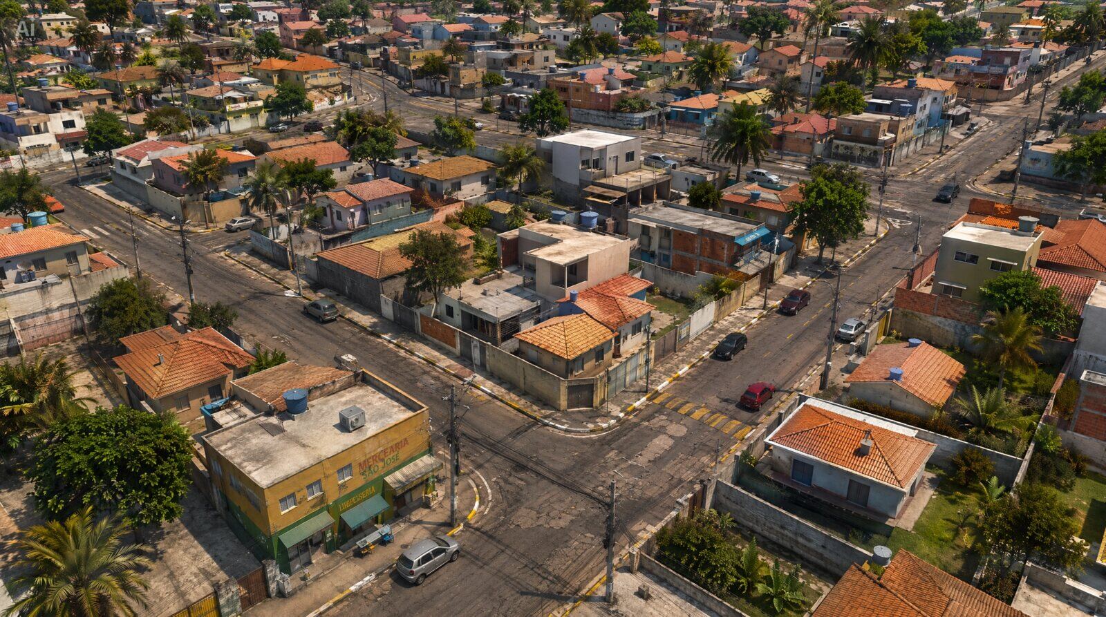 Vista aérea de um bairro residencial completo com ruas e dezenas de casas