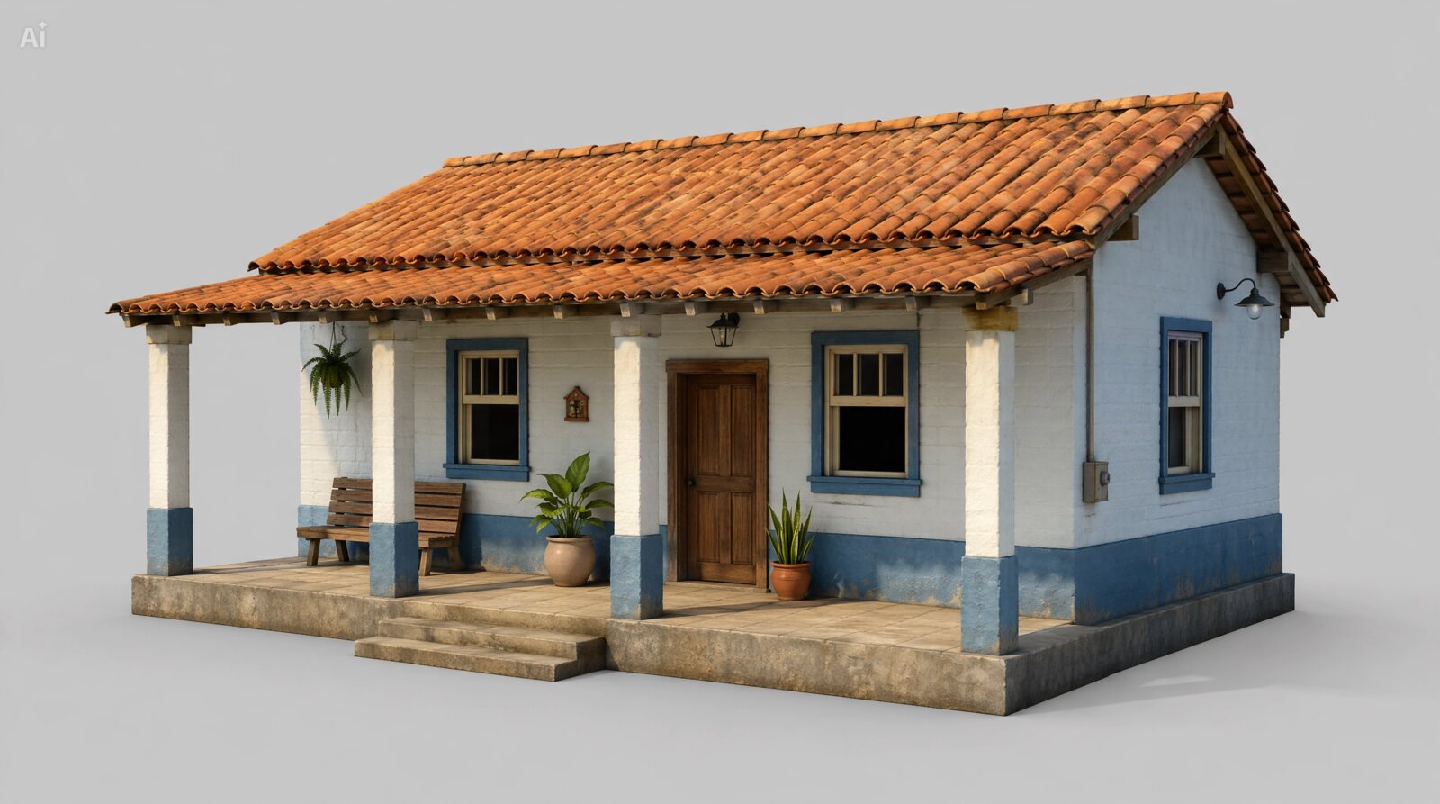 Casa colonial pequena com acabamento azul e telhado de barro