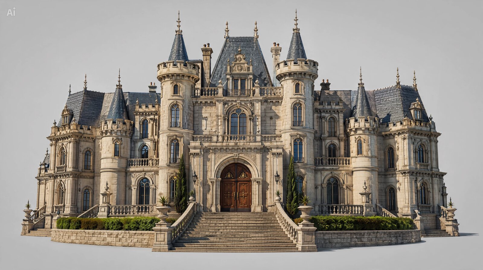Château gótico com torres e escadaria monumental