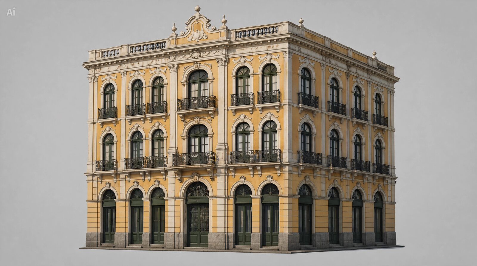 Edifício colonial de esquina com sacadas, estilo MLO de cidade