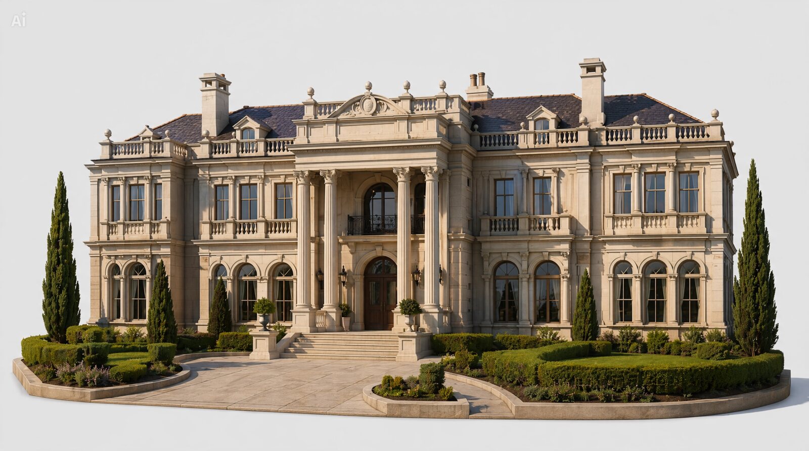 Estate clássico de grande porte com jardins simétricos
