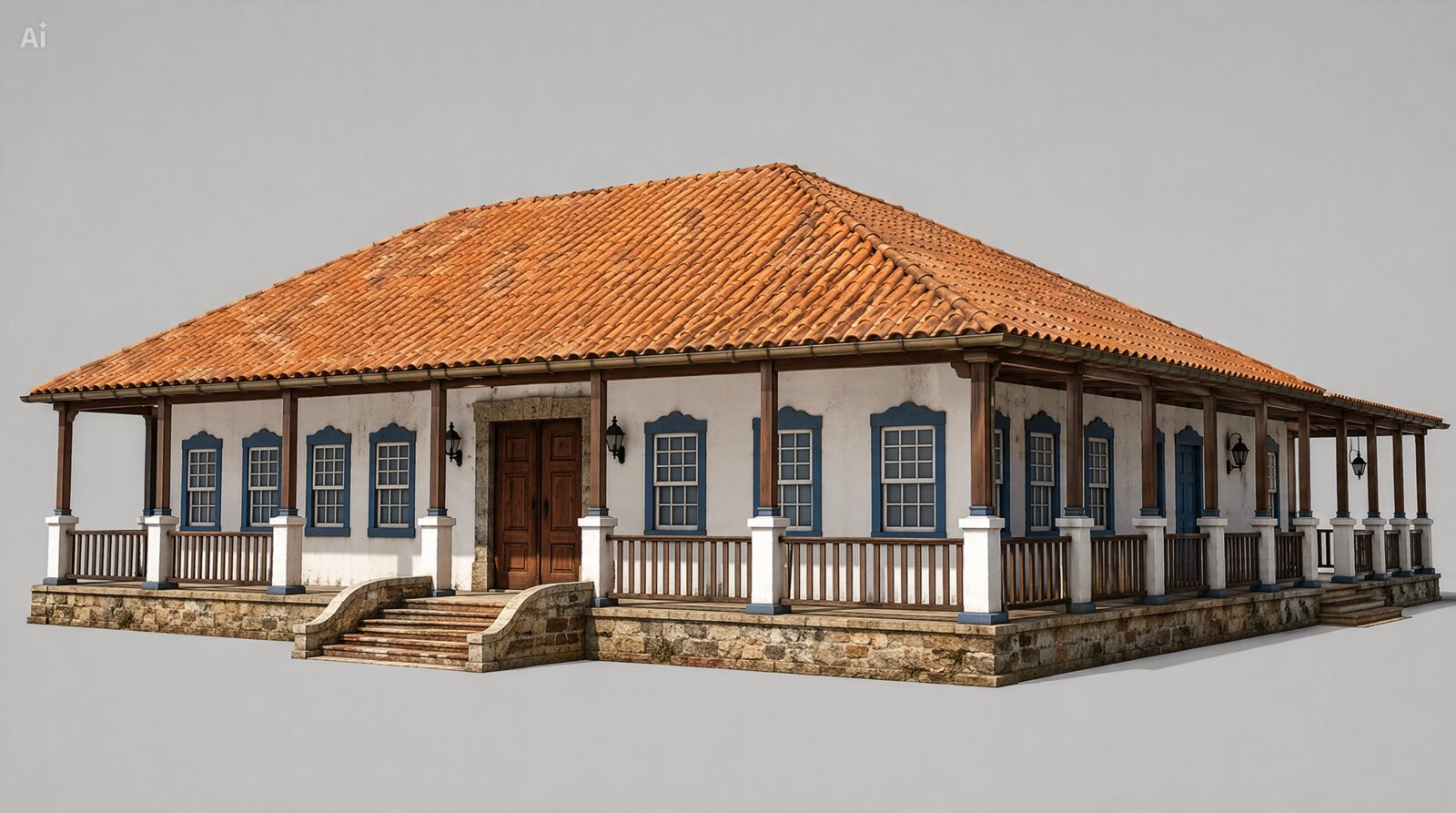 Casa de fazenda colonial térrea com varanda em arcos e telhado de barro