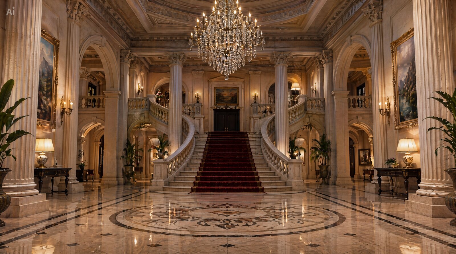 Hall de entrada suntuoso com lustre de cristal, escadaria com tapete vermelho e piso de mármore
