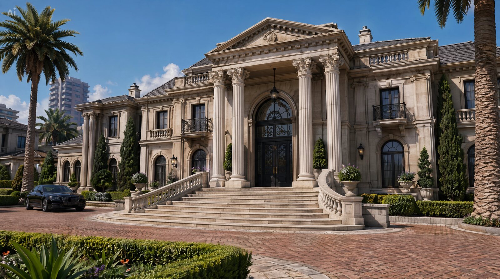 Mansão imperial de luxo com colunas, palmeiras e pátio monumental