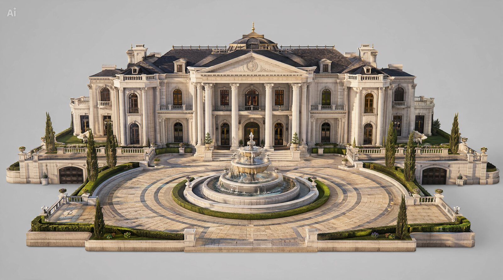 Palácio neoclássico com fonte circular e acesso de carro