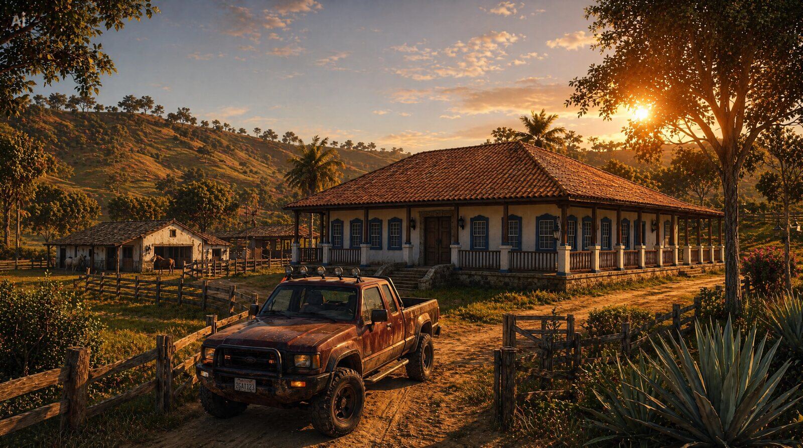 Rancho colonial ao pôr do sol na serra, com picape estacionada