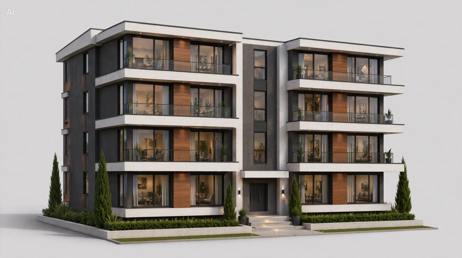 Edifício residencial premium com varandas e fachada em tijolo e madeira