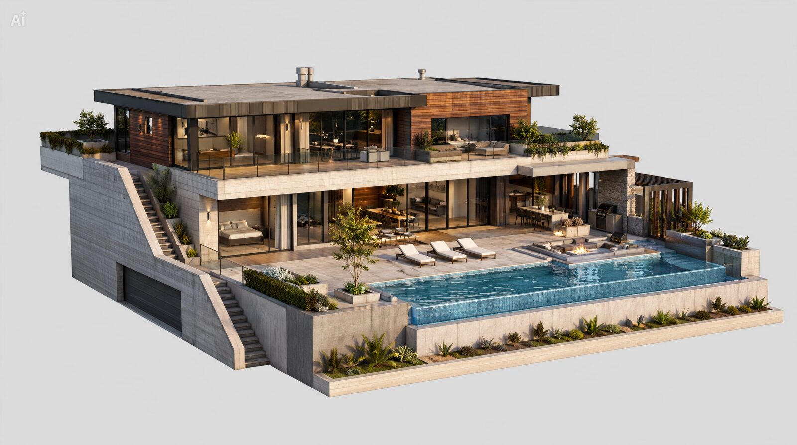 Villa contemporânea de luxo com piscina de borda infinita e terraços