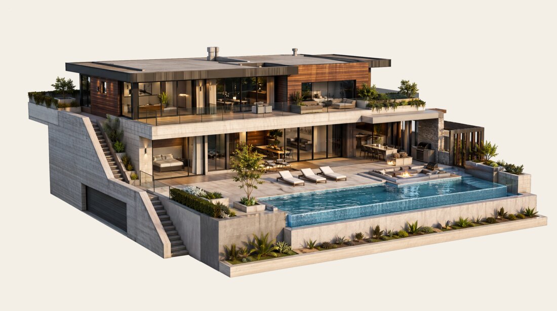 Render isométrico de villa contemporânea de luxo com piscina de borda infinita, modelada para FiveM e Unreal Engine